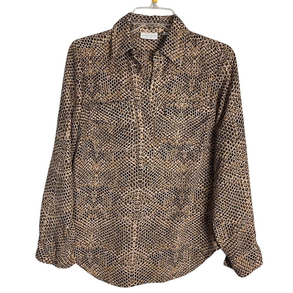 New York & Company‎ Blouse Sz XS Brown Animal Print Button Up Roll Tab Sleeve